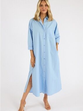 Adrienne Regan Maxi Sky Blue Solid Shirt Dress Large